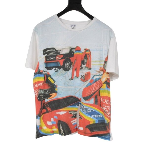Loewe Womens Racing Nascar T Shirt Large White Blue Cotton Short Sleeve Distress - Picture 1 of 10